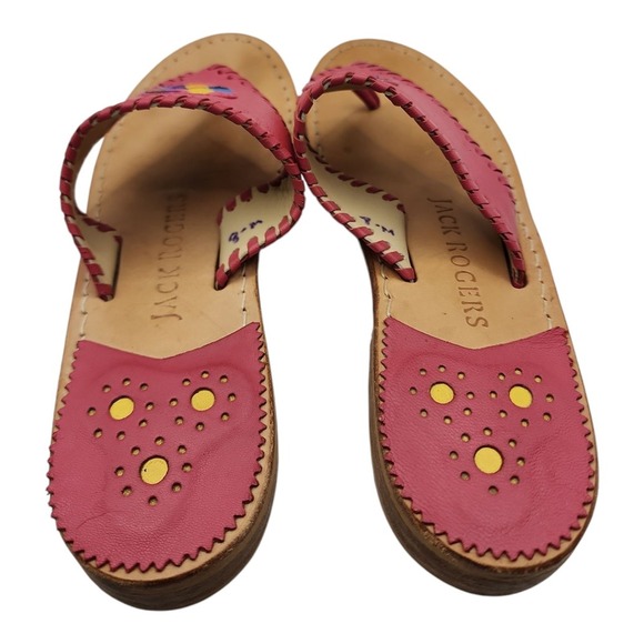 Jack Rogers Sandals Womens 8M Pink Leather Rainbow Heart Thong Flats Used - Picture 2 of 7